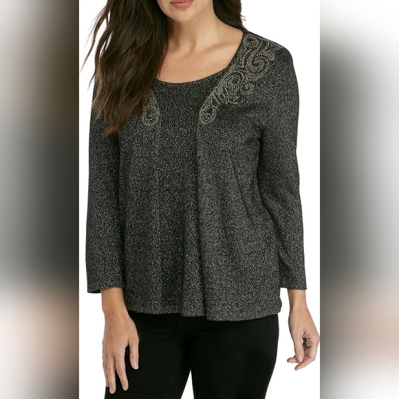 Ruby Rd. Sparkly Longsleeve Blouse One piece Cardigan Gold Sparkles Shimmer Gems - Picture 11 of 11